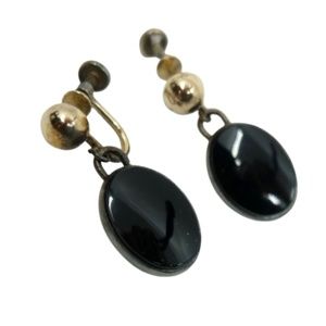 ANTIQUE BLACK ONYX STERLING & 1/20 14KT GOLD DROP DANGLE EARRINGS